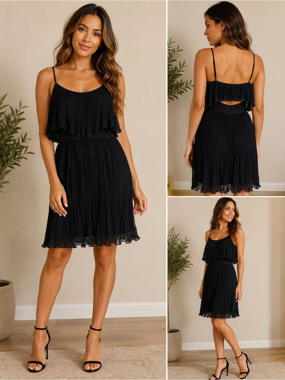Guess Marciano Black Pleated Chiffon Ruffle Mini Dress with Spaghetti Straps
